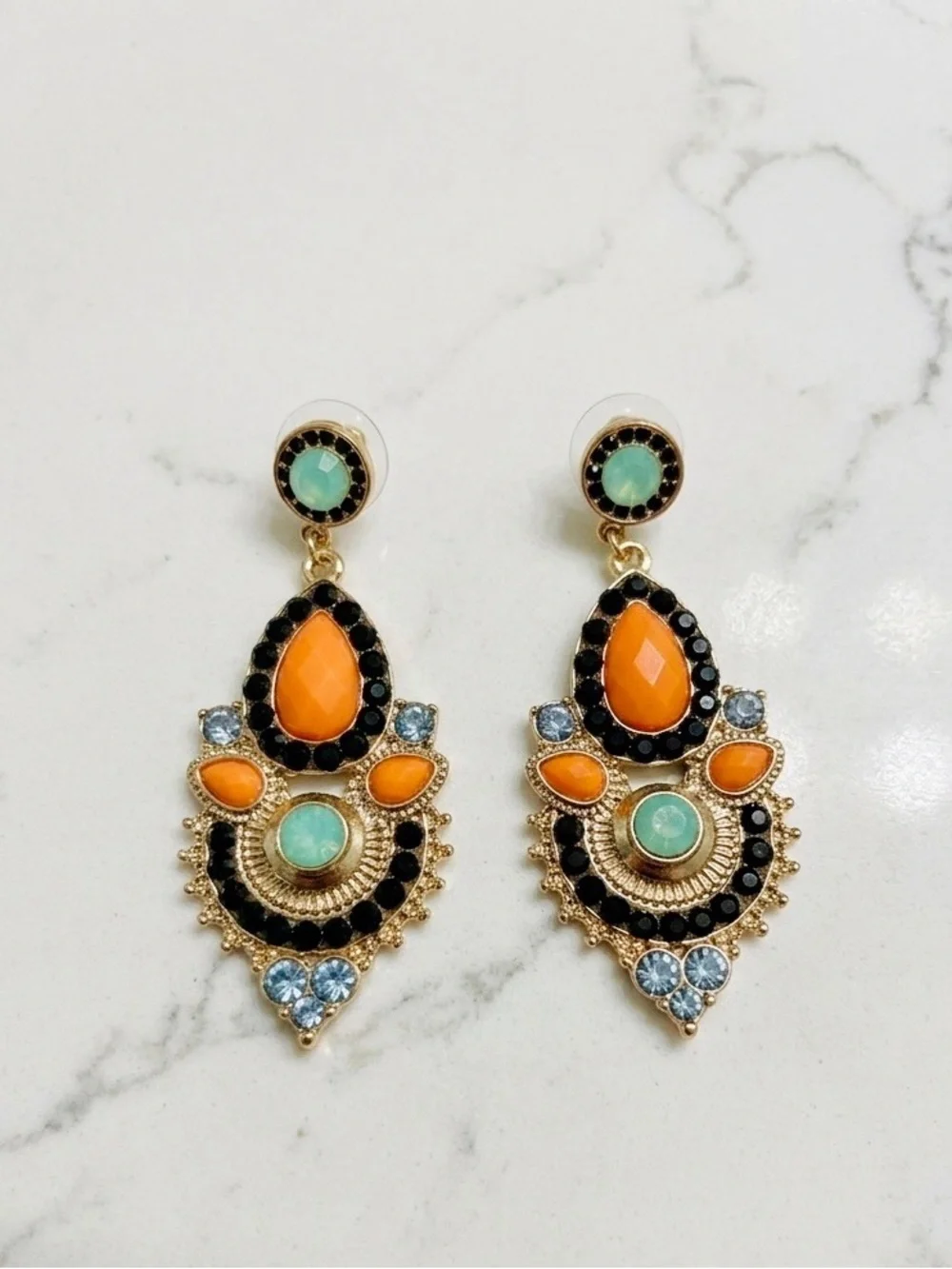 Boho Glam Statement Earrings | Orange, Turquoise & Black Crystal Drop Earrings